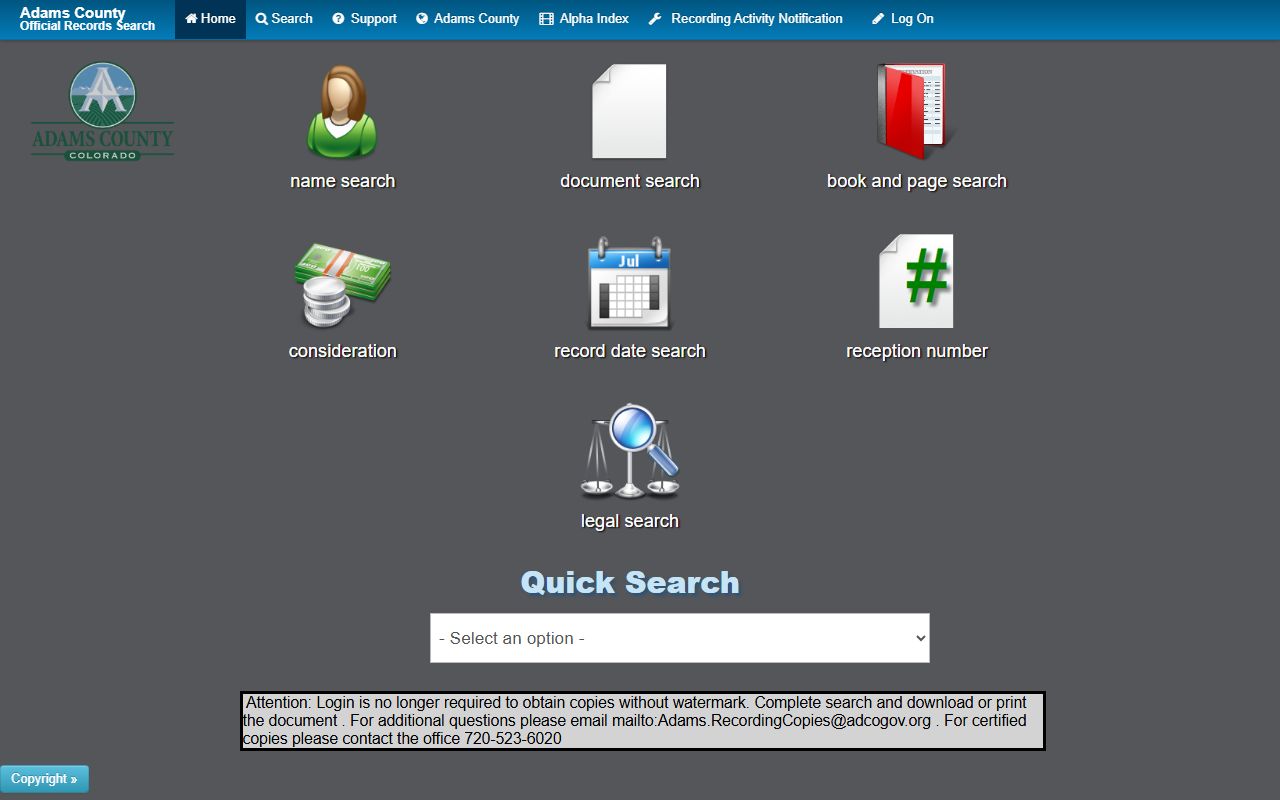 Adams County deed records Landmark Web portal screenshot