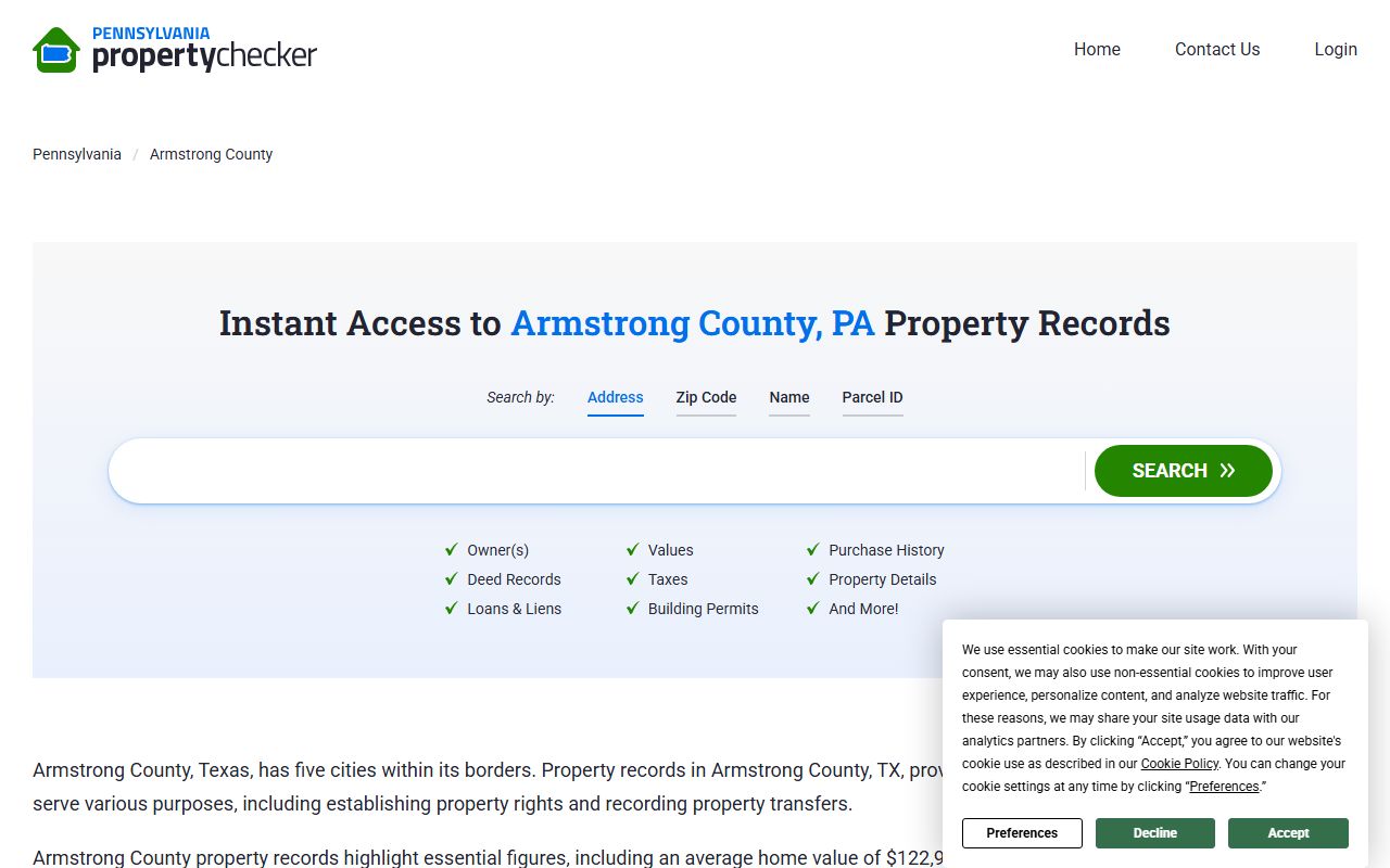 Armstrong County property checker tool showing deed records and owner information