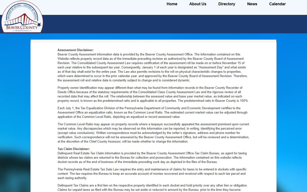Beaver County official property records portal showing deed and assessment data
