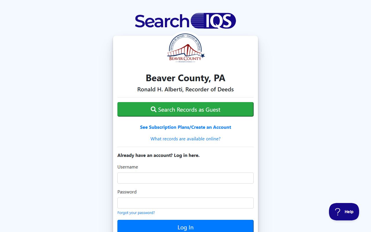 Beaver County SearchIQS deed records search system login page