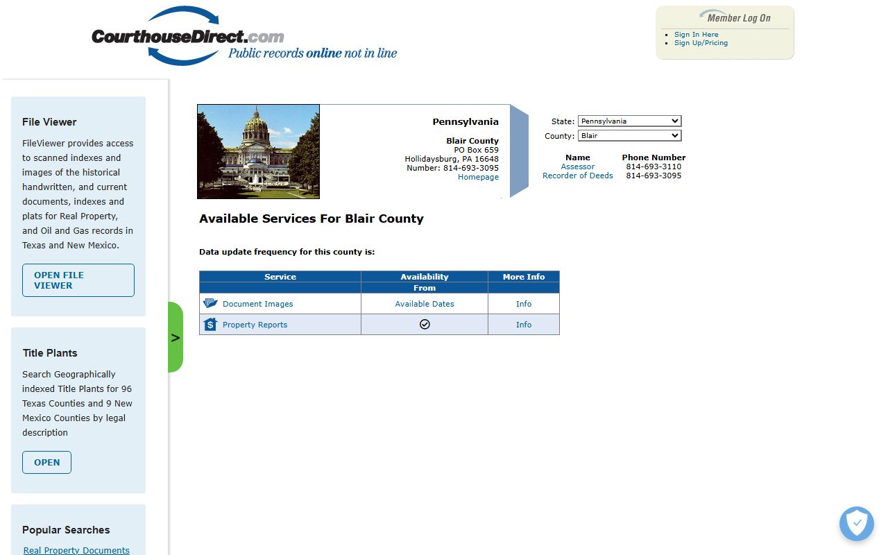 Blair County property search through Courthouse Direct showing deed record access options