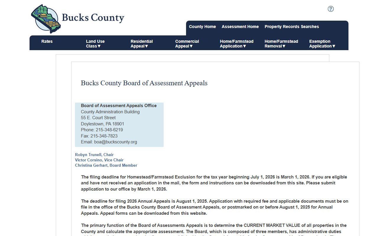 Bucks County Board of Assessment property records portal for deed and valuation research