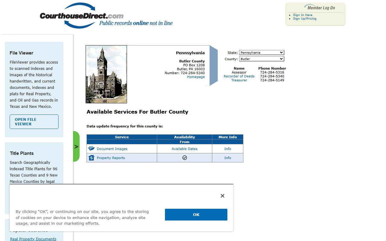 Butler County property search through Courthouse Direct for deed records and land documents