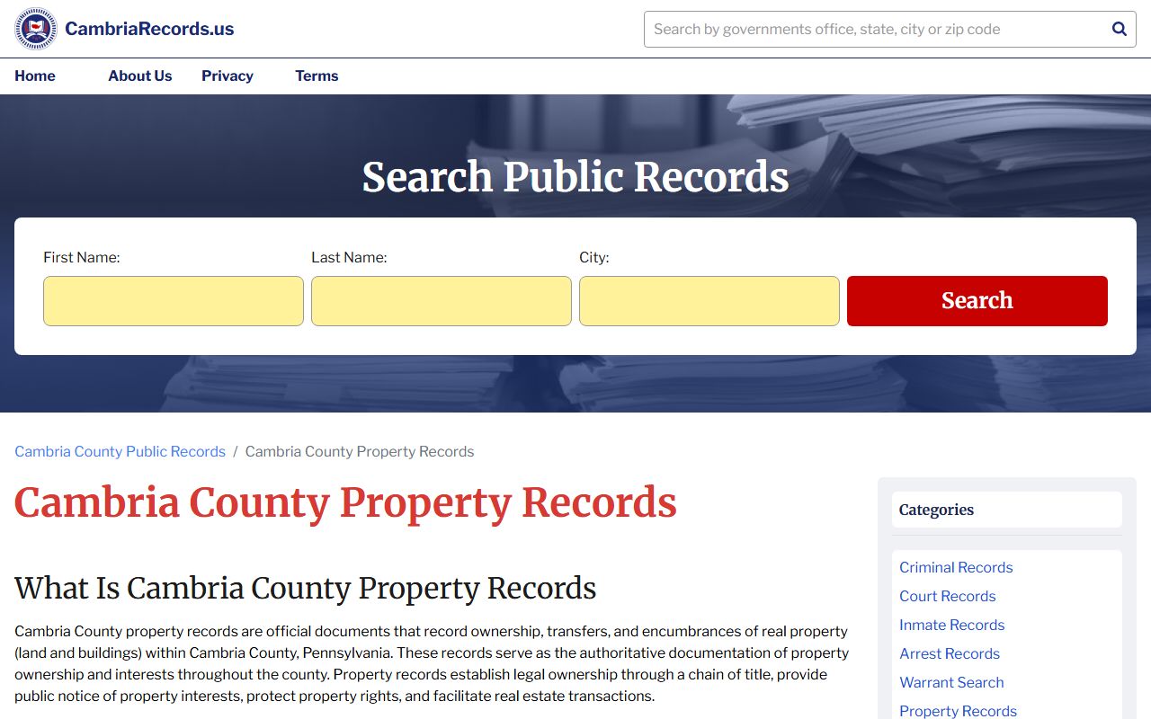 Cambria County property records search process showing deed records and assessment data tools