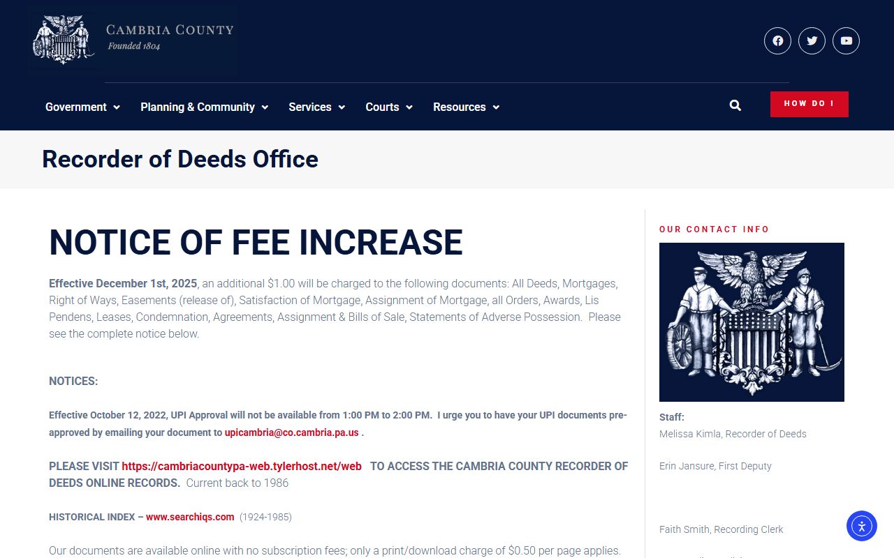 Cambria County Recorder of Deeds official page showing deed records access and office information