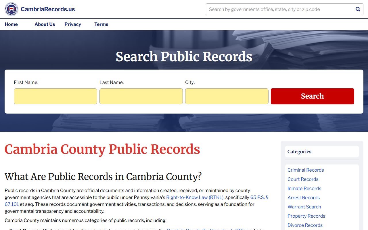 Cambria Records guide showing public records access and deed records information for Cambria County