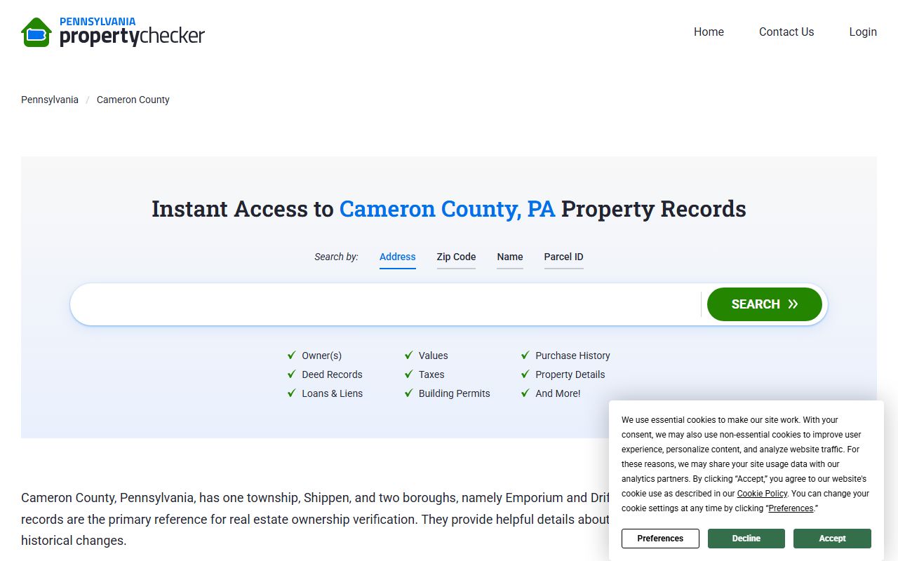Cameron County property checker tool showing deed records and owner information for Emporium area properties