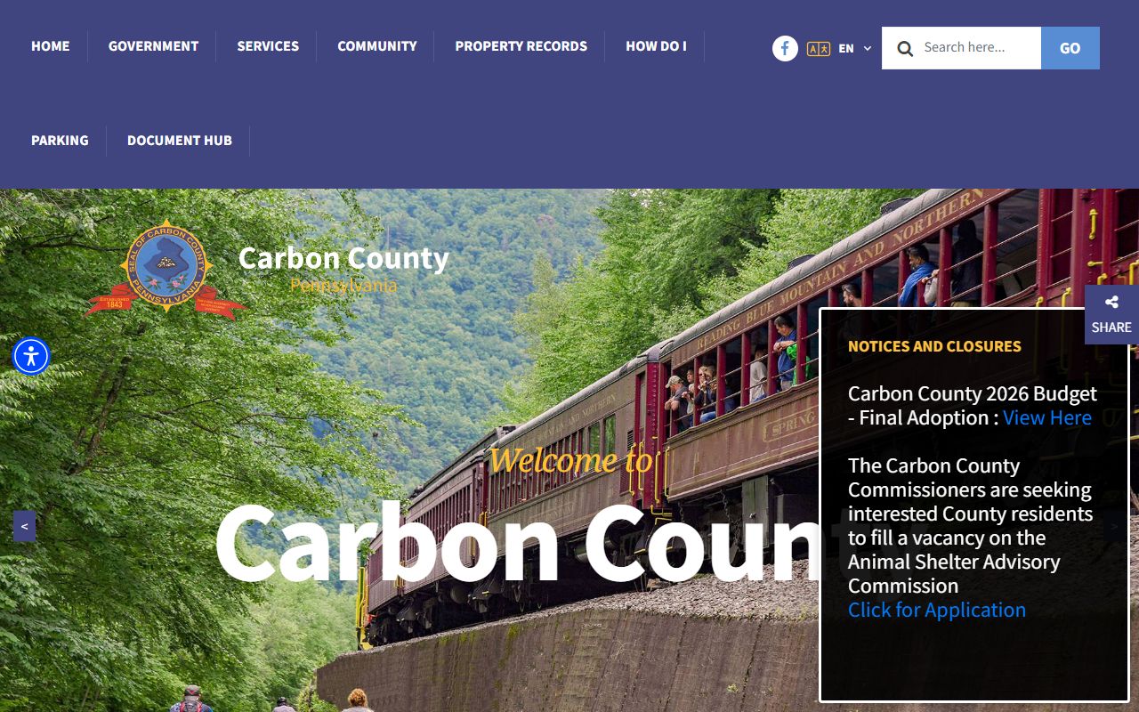 Carbon County official website showing property records tools including GIS search and property report