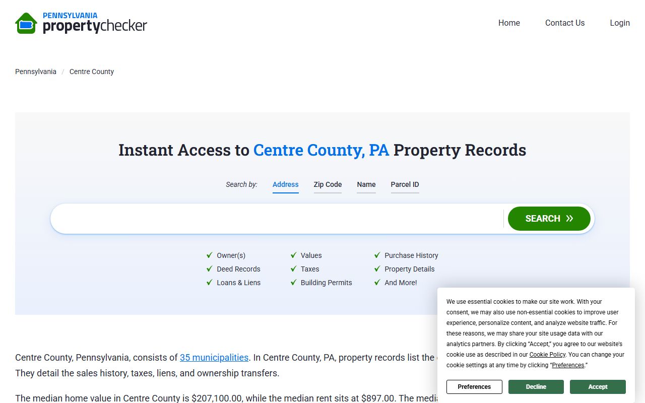 Centre County property checker showing deed records, owner information, and property tax data