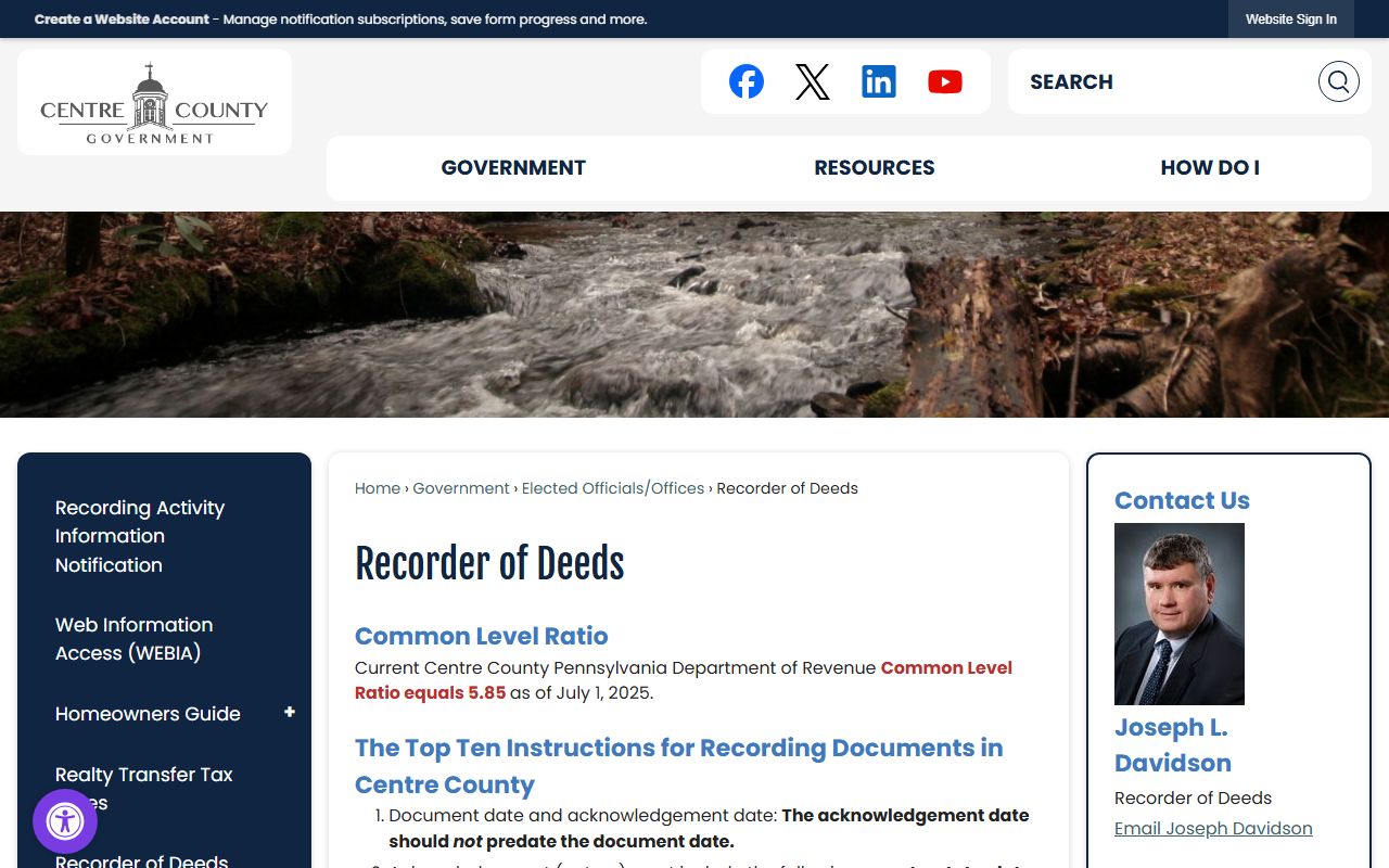 Centre County Recorder of Deeds official page showing deed records access and recording information