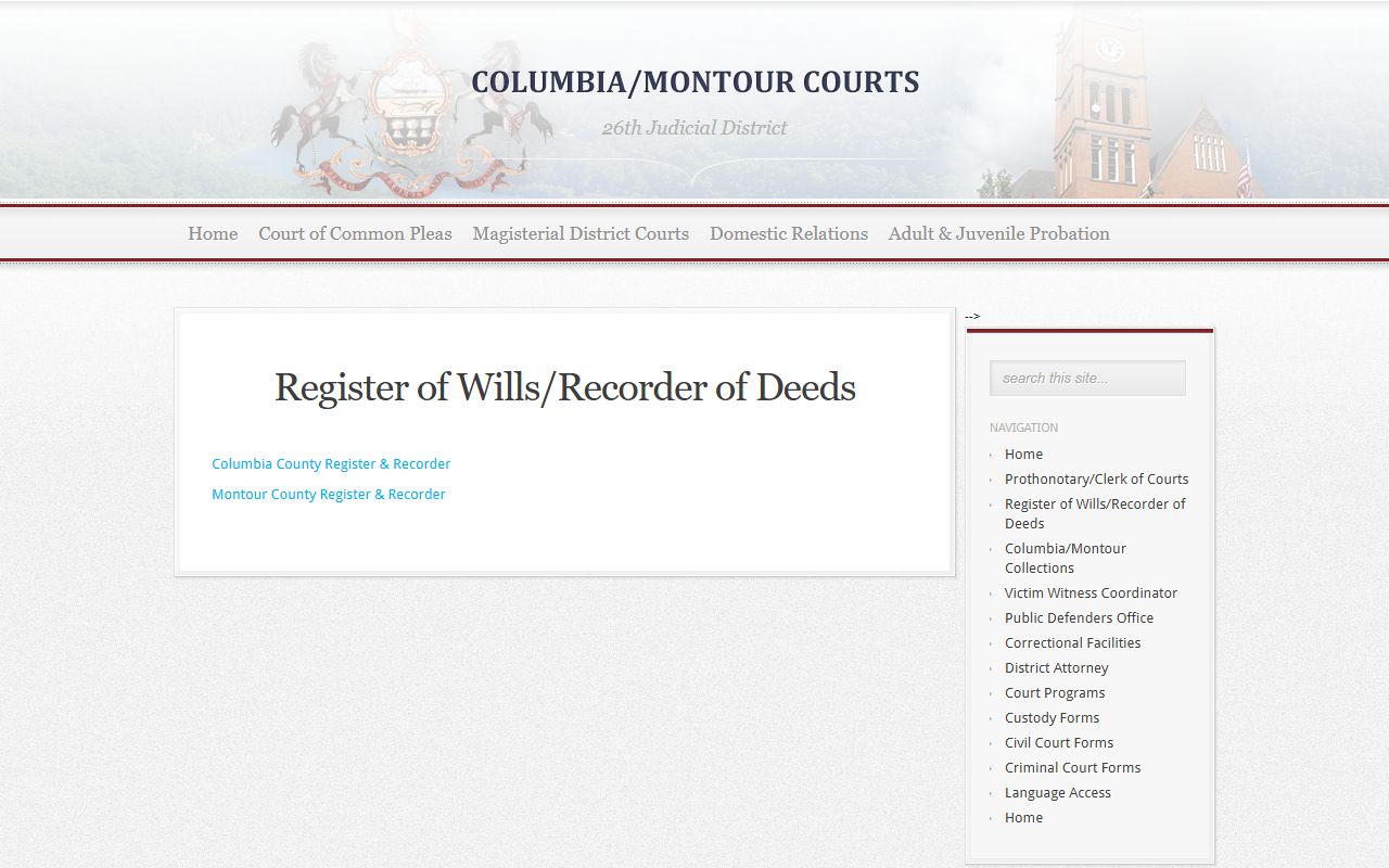 Columbia Montour Courts Recorder of Deeds page for Columbia County deed records