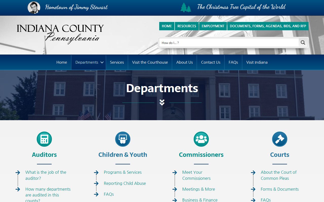 Indiana County departments page listing Recorder of Deeds for deed records