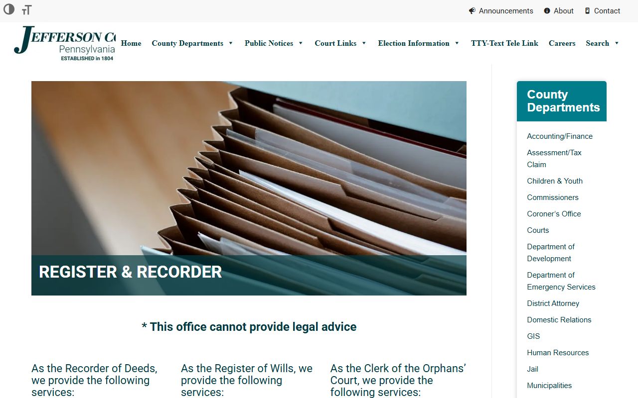 Jefferson County Register and Recorder page for deed records in Brookville