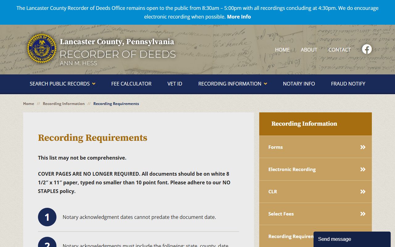 Lancaster County deed recording requirements page at lancasterdeeds.com