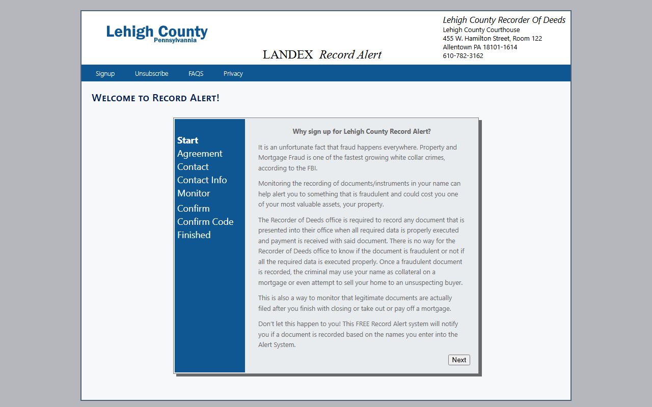 Lehigh County Record Alert service at Landex for property fraud monitoring