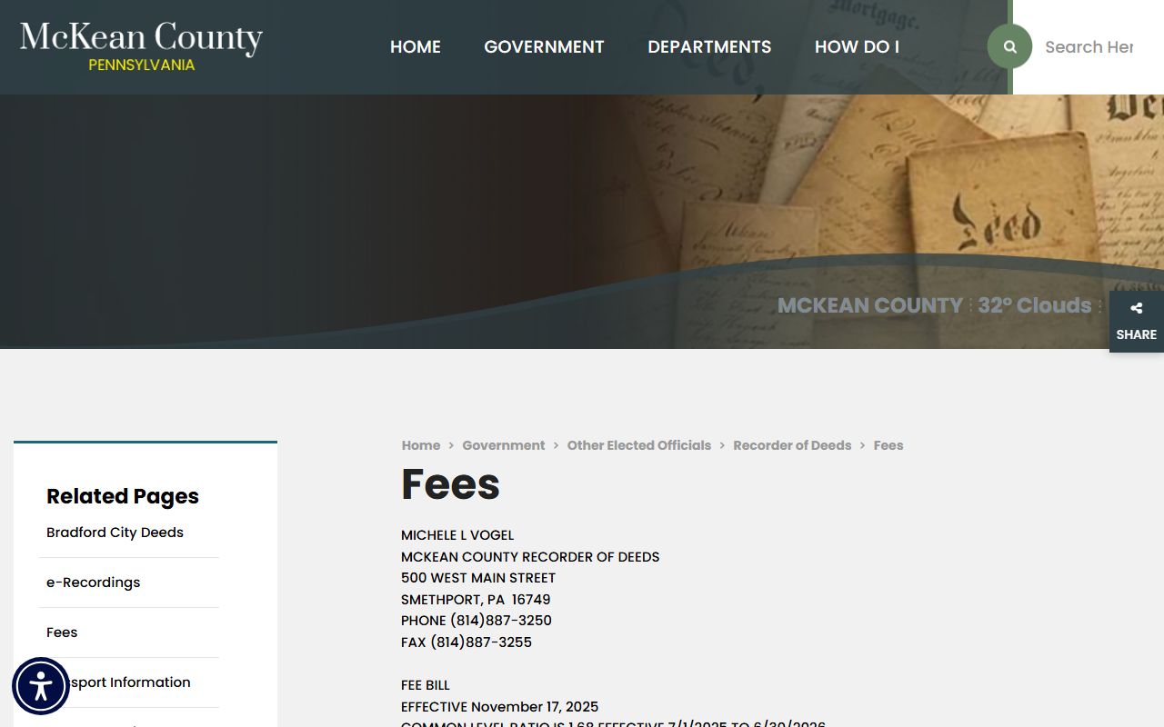 McKean County Recorder of Deeds fee schedule effective November 2025