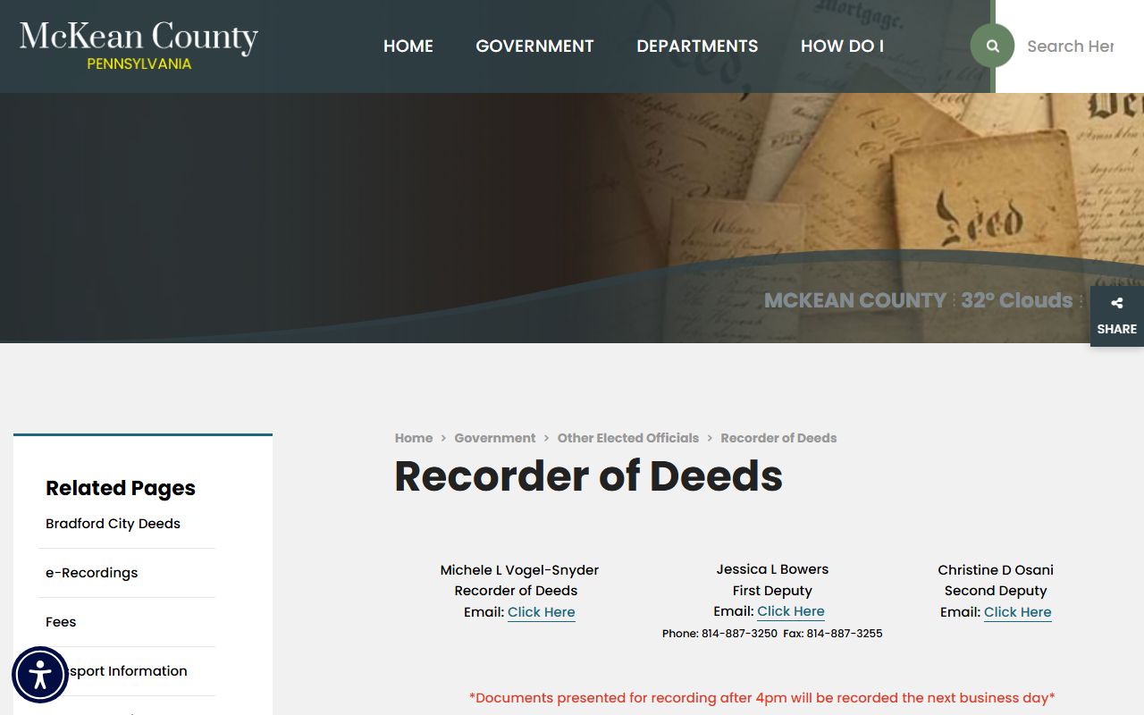 McKean County Recorder of Deeds page in Smethport for deed records and recording