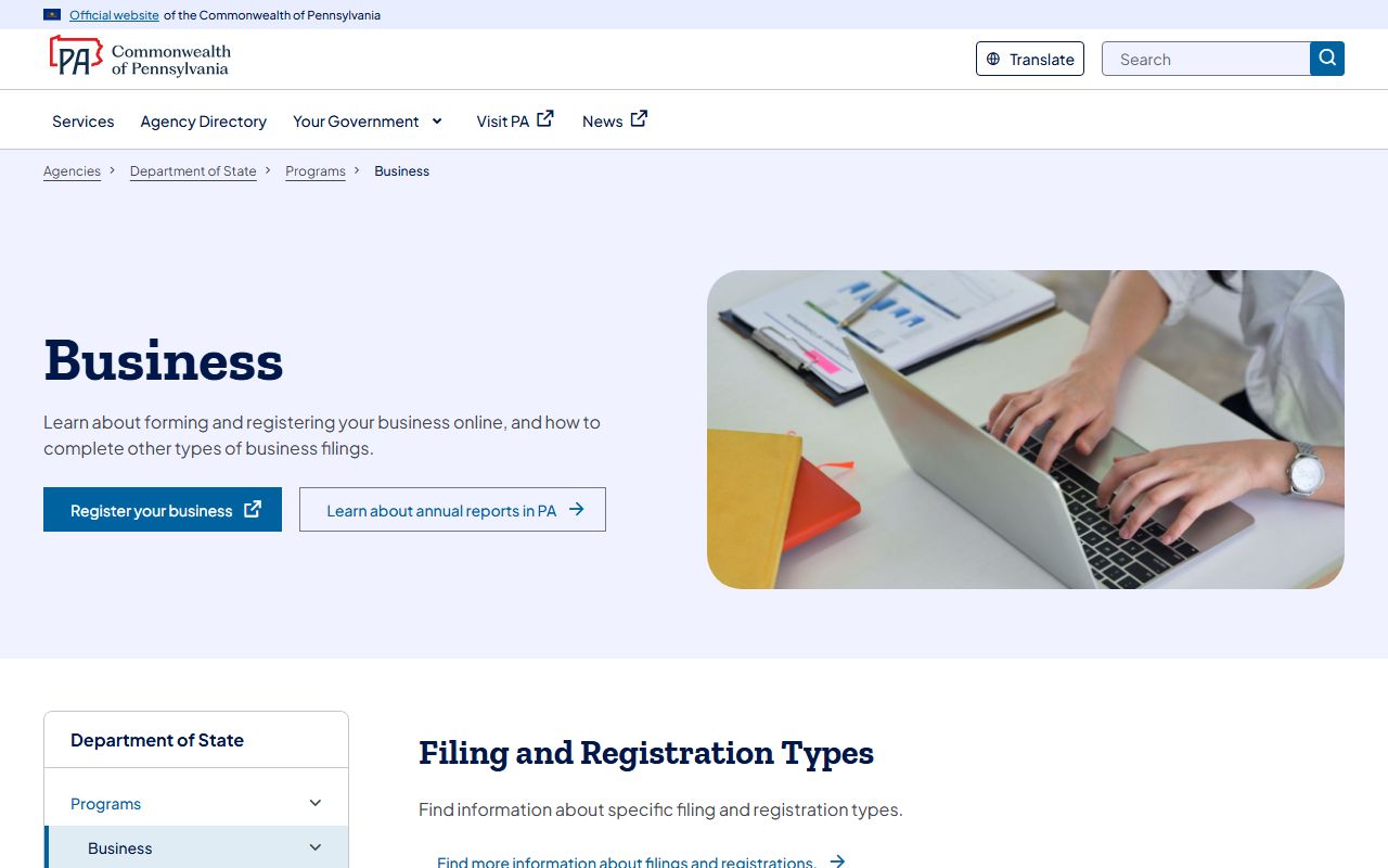Pennsylvania Department of State business records database for deed research