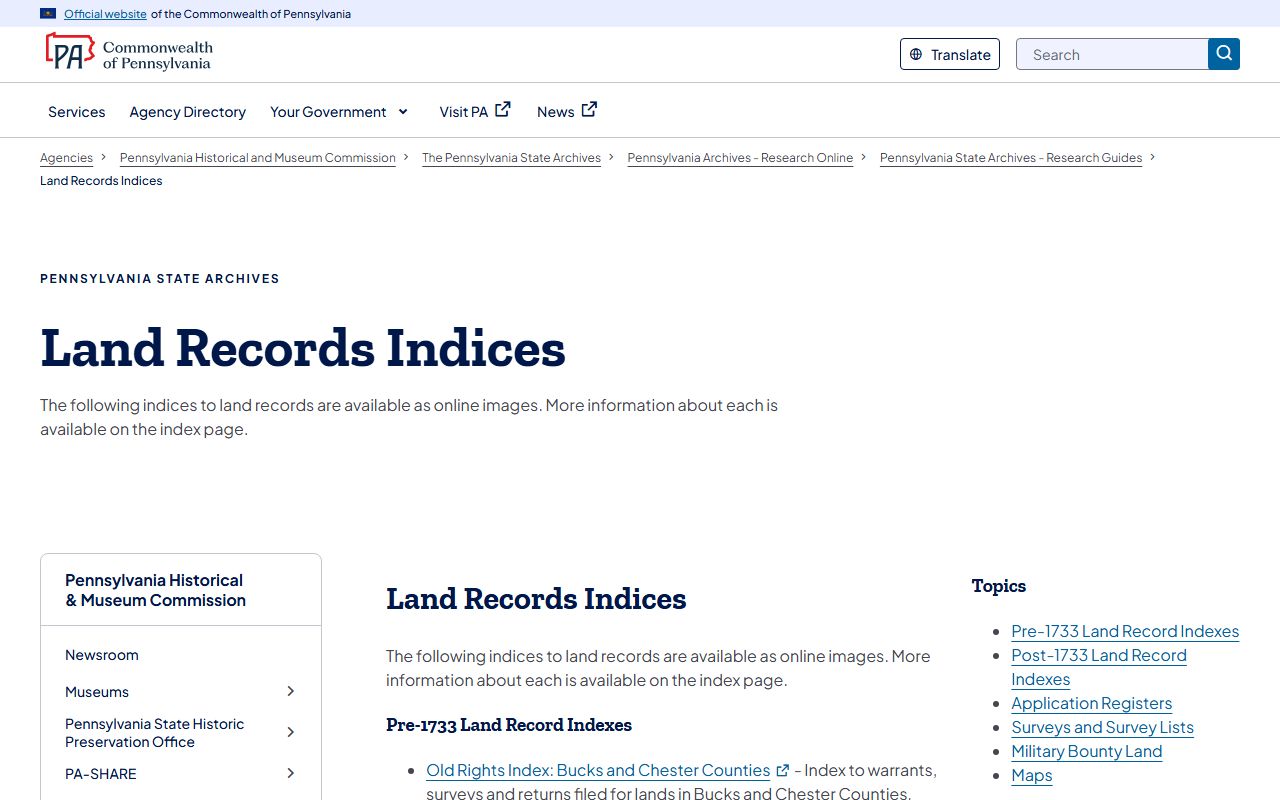 Pennsylvania land records indices page showing warrant registers and deed indexes