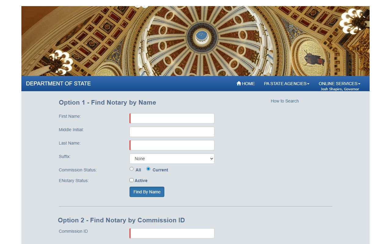 Pennsylvania notary search page for verifying deed acknowledgments