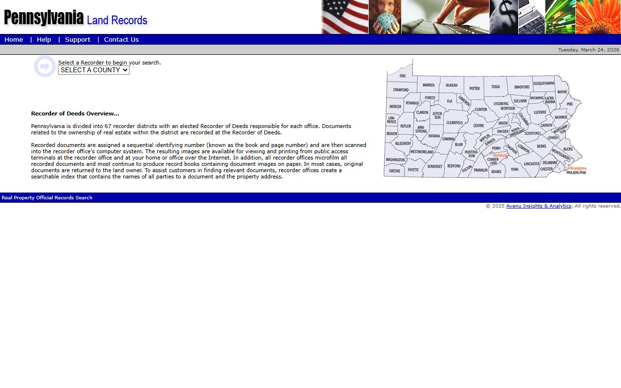 Pennsylvania US Land Records portal showing county deed record search