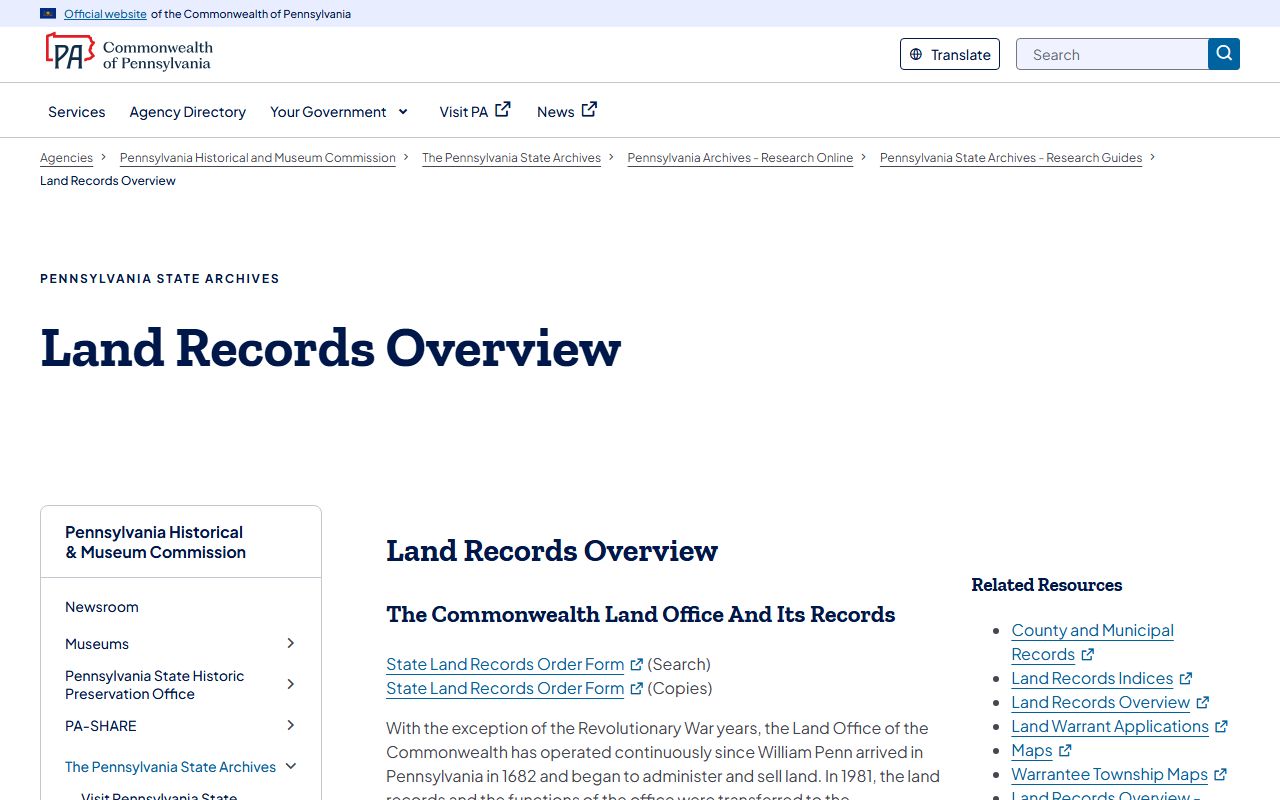 Pennsylvania State Archives land records overview page for deed records research