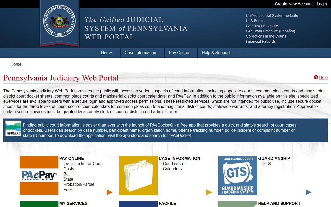 Pennsylvania UJS portal for public court records related to property