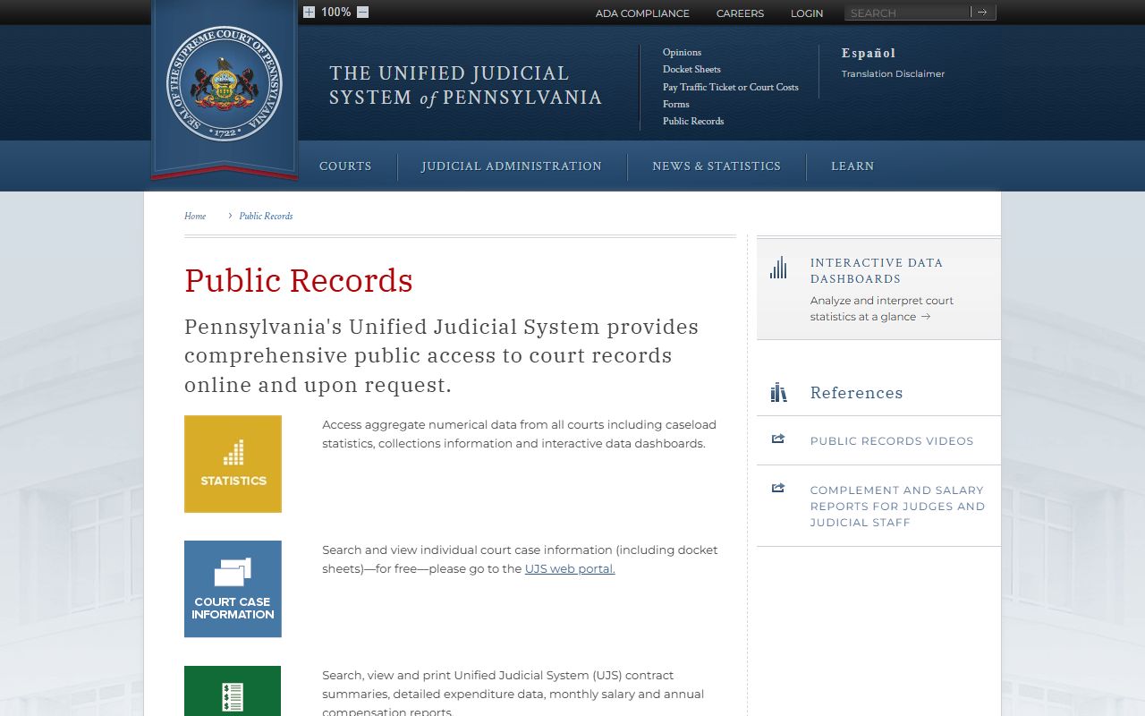 Pennsylvania UJS public records page for property and deed related court records